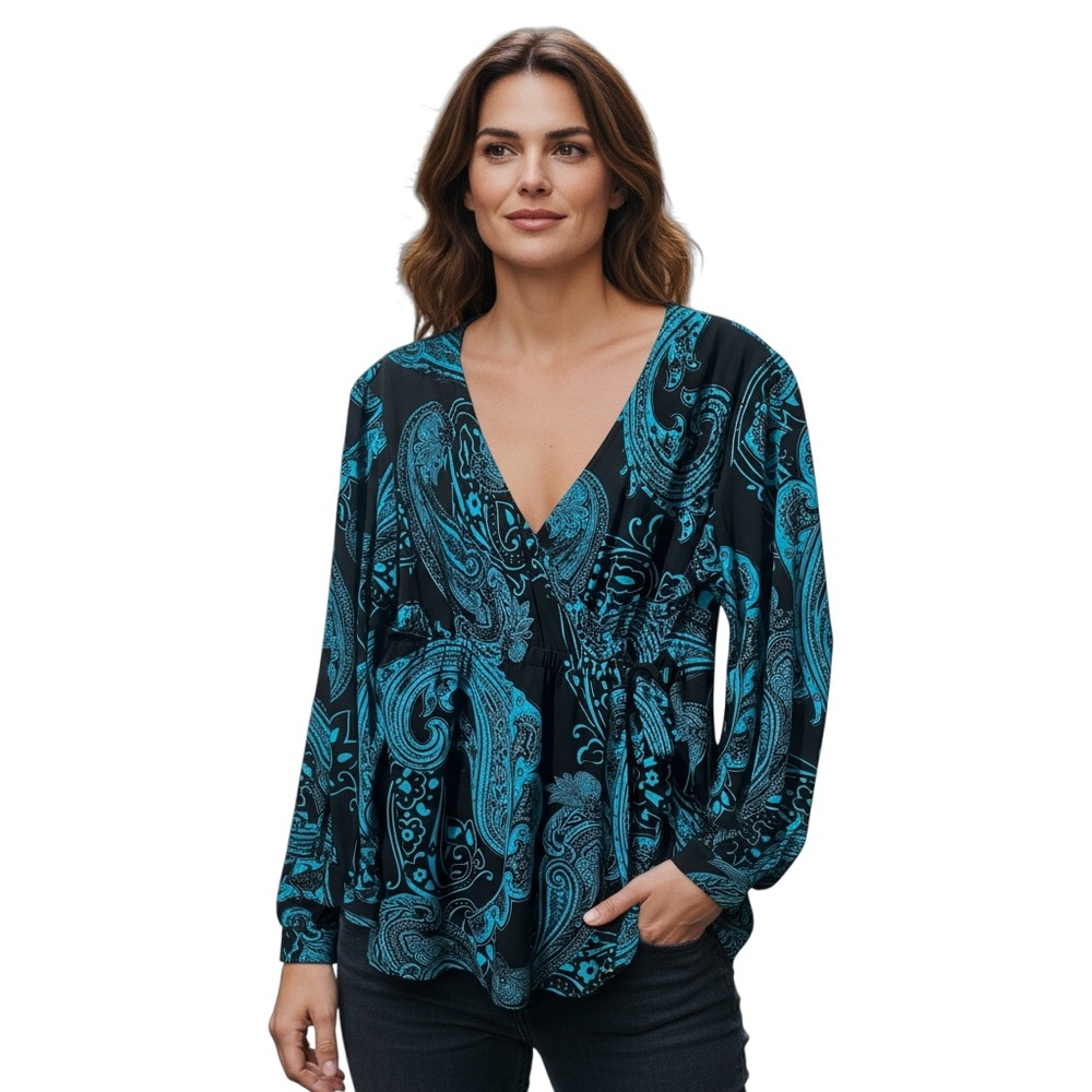 Vintage Bob Mackie‎ wearable art wrap shirt y2k Black Blue Beaded V Neck Long L
